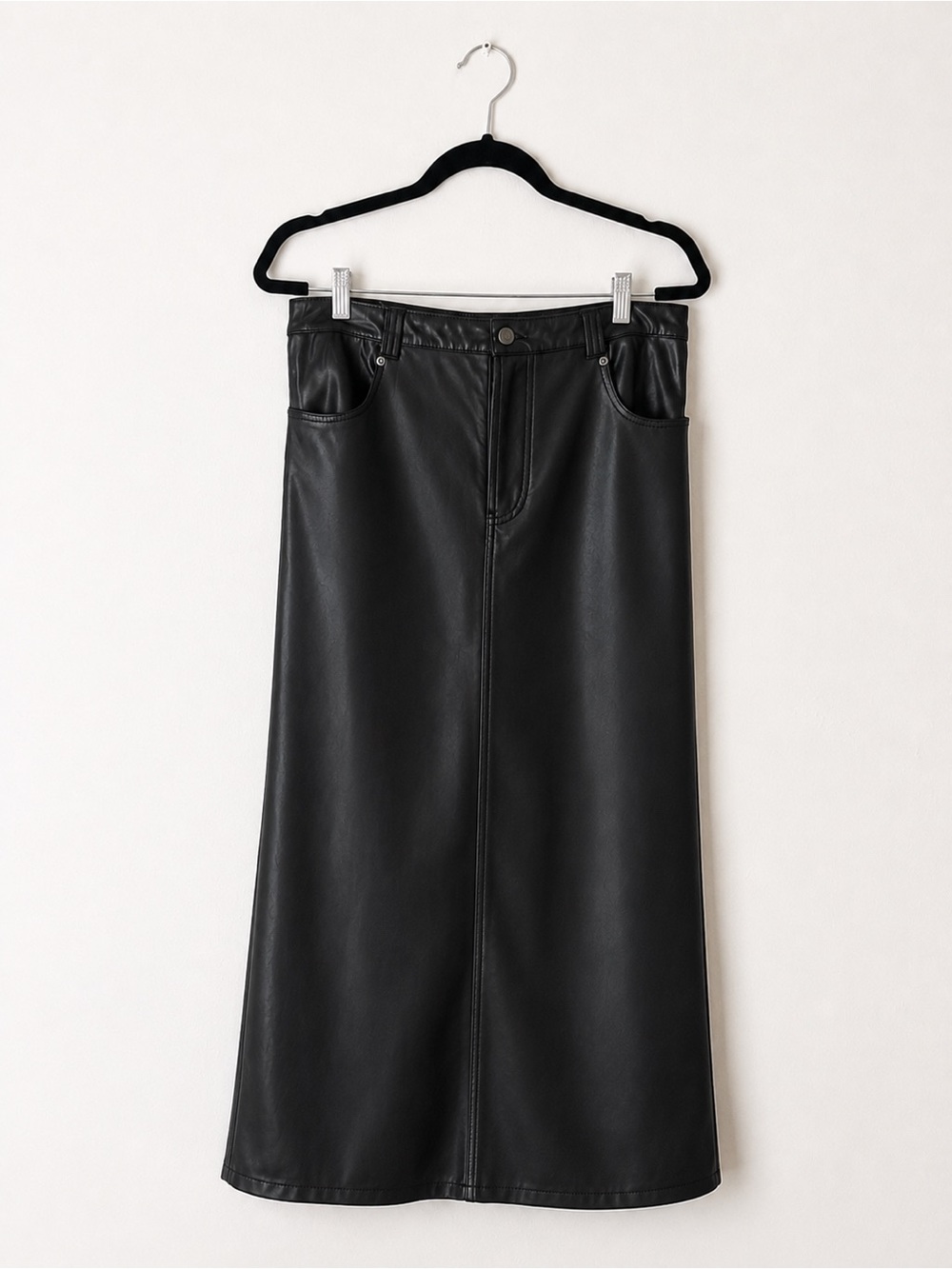 Free People City Slicker Vegan Leather Maxi Skirt Black High Rise A-Line Slit - Picture 2 of 14